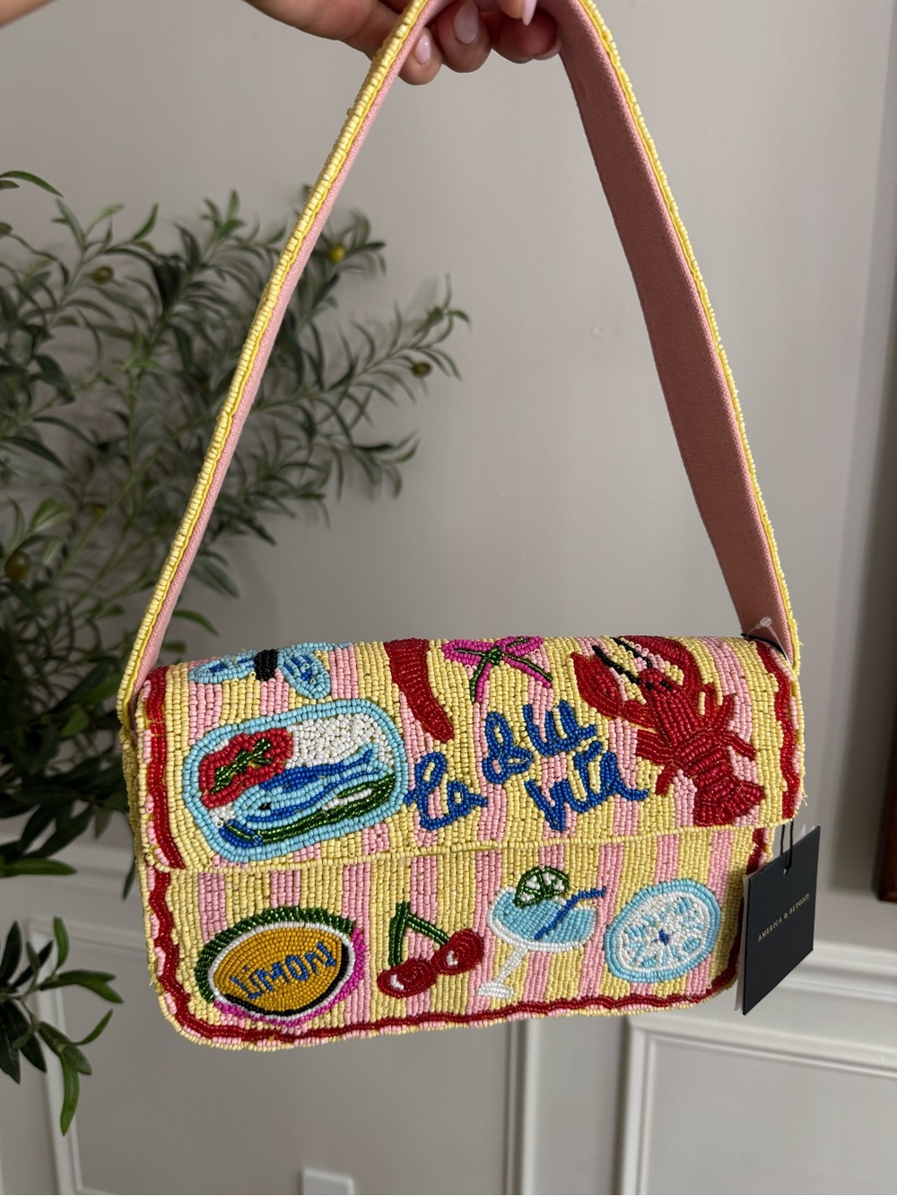 America & Beyond Yellow + pink “La Dolce Vita” Beaded bag